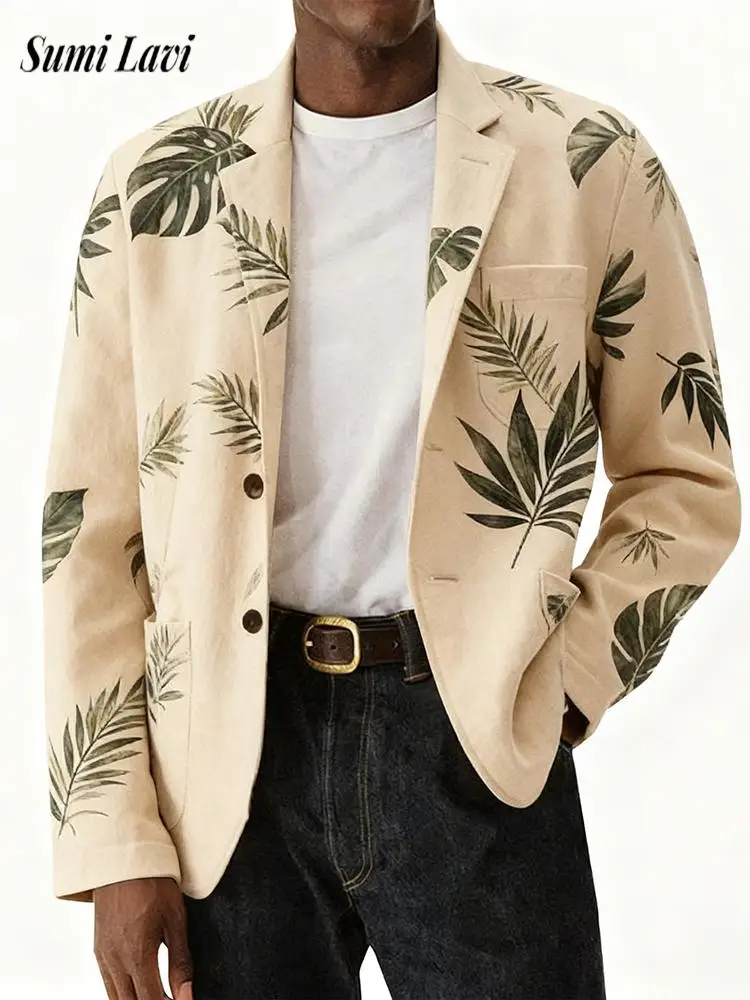 

Trendy Mens Slim Fit Jacket Blazers Vintage Leafs Printed Jackets 2026 Spring Fall Outdoor Casual Men Outerwear Vintage Jackets