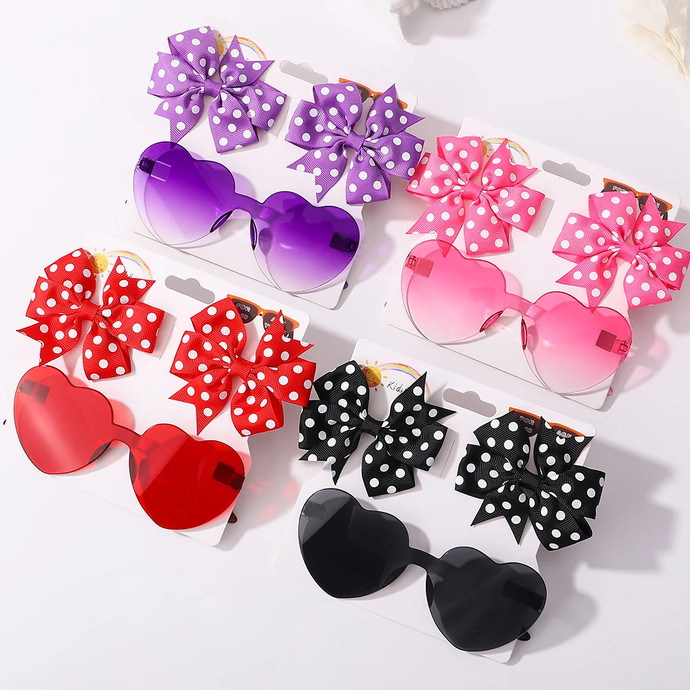 

3Pcs/set Kids Cute Solid Dot Hairpin Colorful Heart Sun Glasses Set Girls Boutique Bowknot Hair Clips Children Hair Accessories