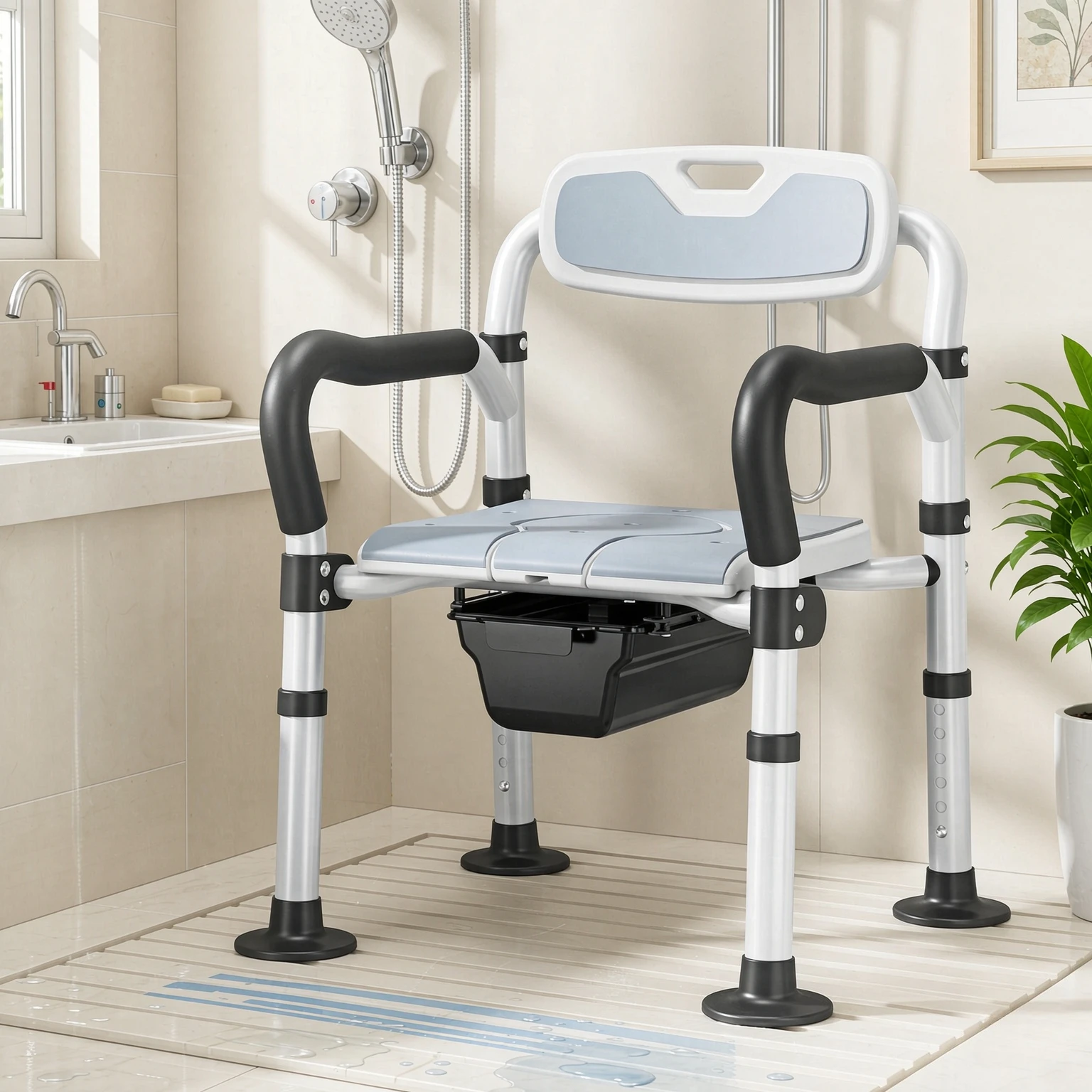 Foldable Commode Chair with Armrests Mobile Toilet Shower Seat Standing Assist for Seniors Home Bathroom Daily Care 이동식 변기 의자
