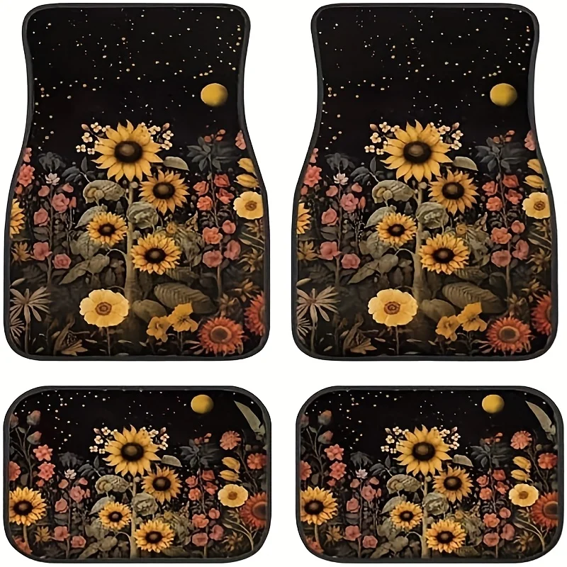 

Creative Black Sunflower Print Flower Car Floor Mat Suitable For Cars SUV Trucks, All-Weather Front And Rear Car Floor Mats Univ