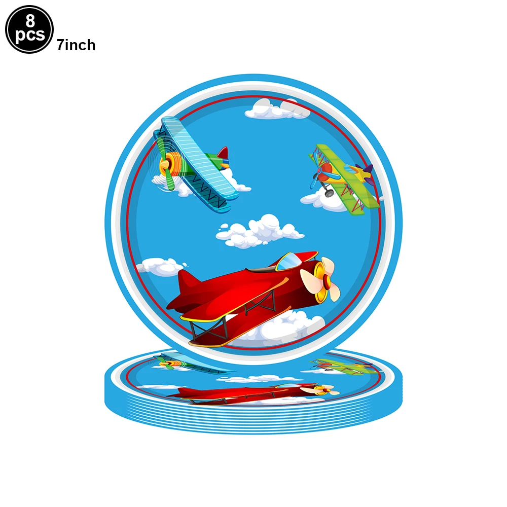 Flugzeug-Party Geburtstags-Dekorations-Set Papierflugzeug Kampfjet Blauer Himmel 7/9 Zoll Teller Servietten Becher für Party-Zubehör – Detail 3