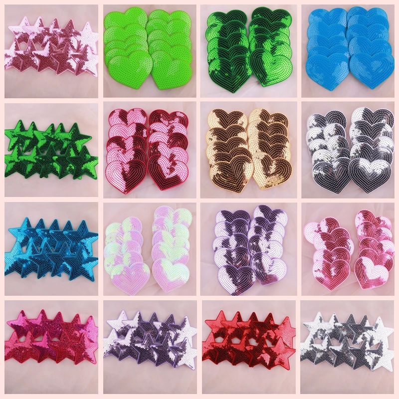 5PCS Sequins Five-Pointed Star/Heart Love Sequins Iron On Embroidered Patches For Clothing Jackets Hats Sewing Stickers Badge