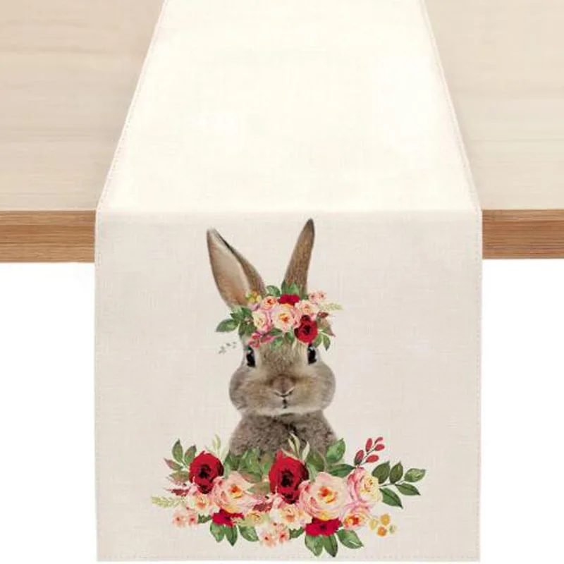 HOT Linen Easter bunny flower cow printed table runner flag cover kitchen tablecloth party Table decoration and accessories