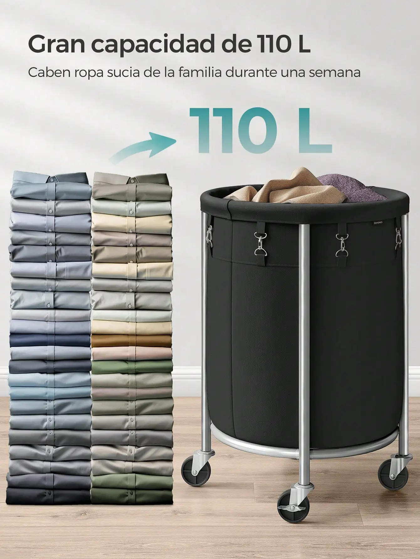 SONGMICS Laundry Basket on Wheels: 170 L, Steel Frame, Removable Bag. 4 Wheels, 2 Brakes. Round. Black, Silver.