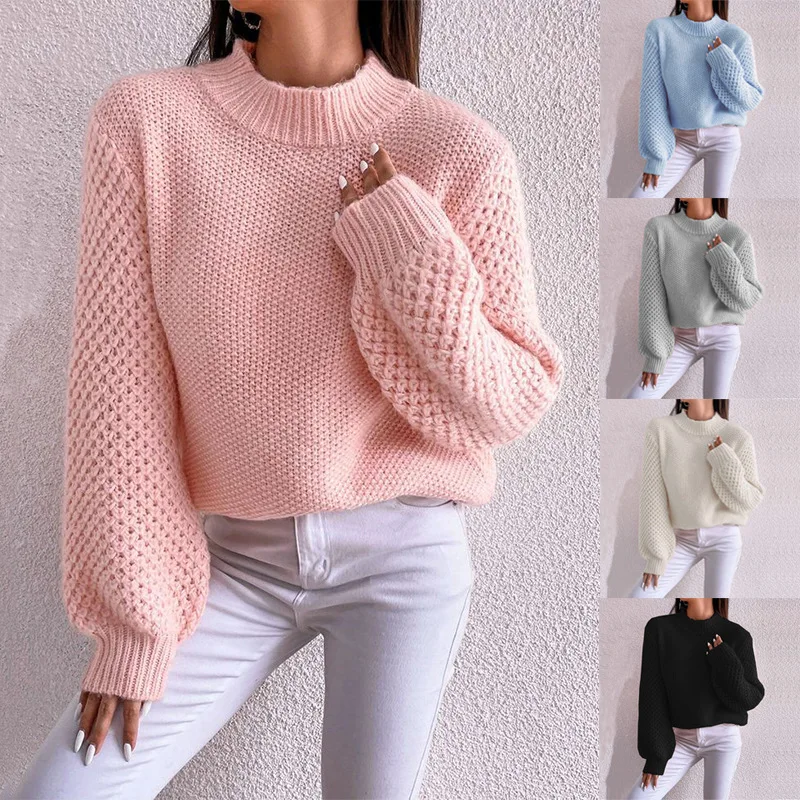 Mulheres pulôver camisola casual tricô topo oco para fora gola redonda jumper senhora do escritório malhas 2025 outono inverno malha topos