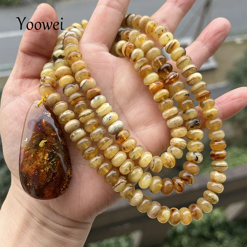 47.4g Real Amber Floral Pendant Necklace for Gift 78cm Long 8mm Natural Baltic Plant Ambar 2025 Original Stone Healing Jewelry