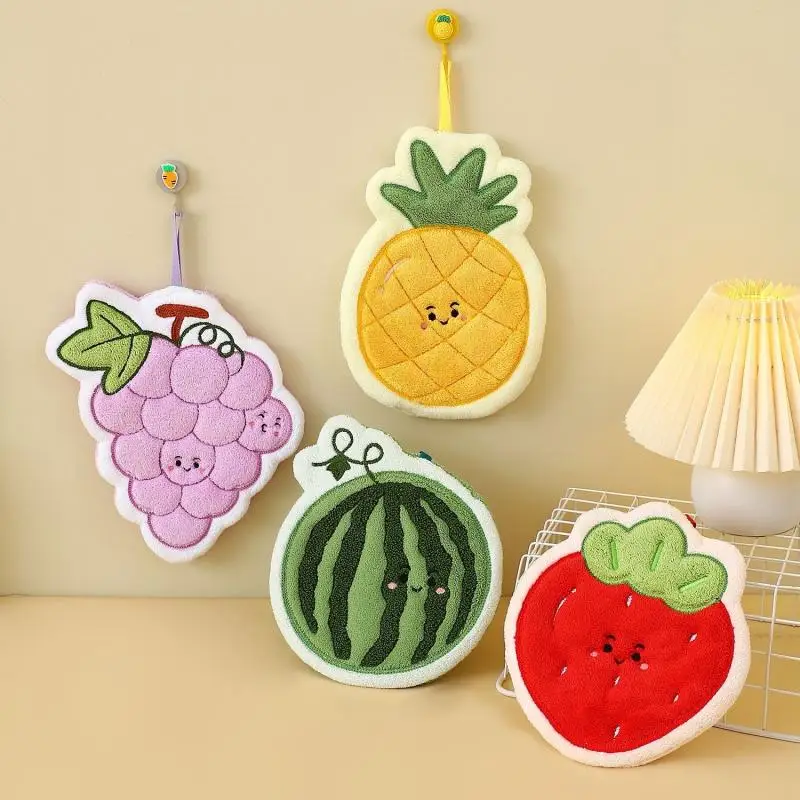 Fruit Hand Towel Kitchen Absorbent Cleaning Cloth Hanging Quick Drying Coral Fleece Rag Bathroom Flower Hand Cloth Home Supplies