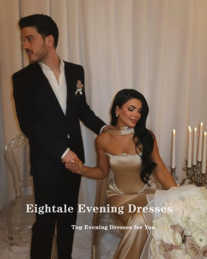 Eightale Arabic Evening Dress Strapless Beaded Customized Floor Length Satin Mermaid Prom Wedding Party Gowns image 4