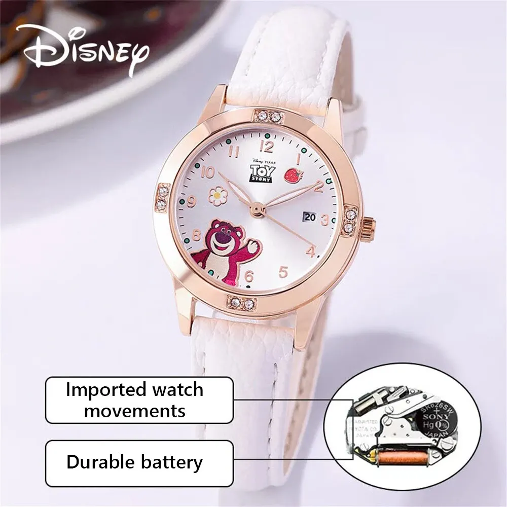 Disney Watches PU Leather Quartz Wristwatches Strawberry Bear Cute Clock for Ladies Cartoon Dial Montre Femme