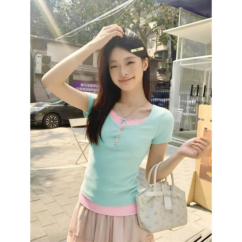 Women's Summer New Seductive Style Mock 2-in-1 Lace Trim Short Sleeve-shirt Crop Top Base Shirt