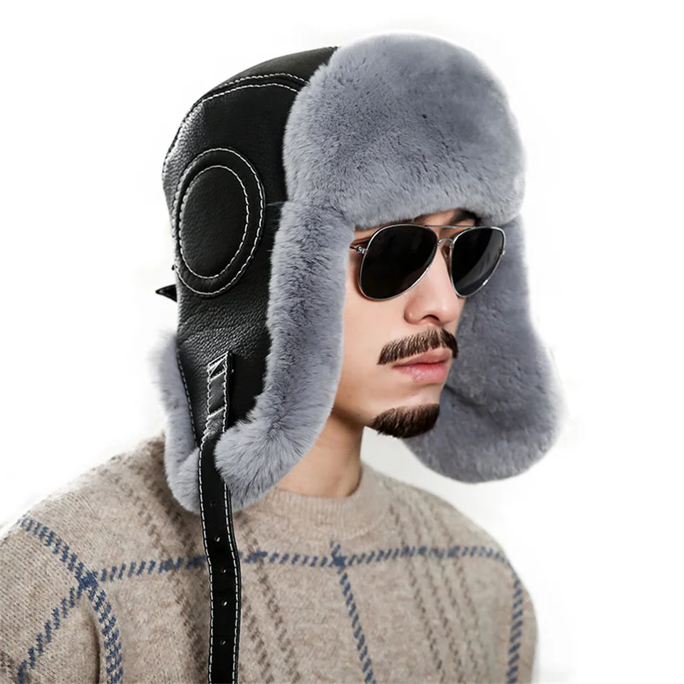 

New Gorros Men's 100% Natural Rex Rabbit Fur Bomber Hats Winter Russian Man Warm Real Sheepskin Leather Hat Mate Real Fur Caps