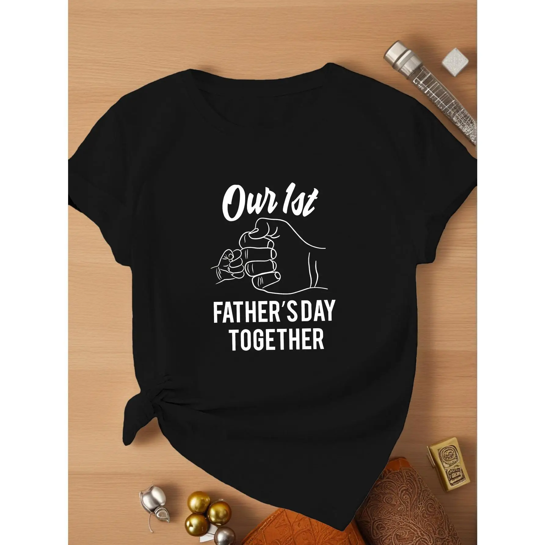 

Women's First Father's Day Together Fist Bump Graphic T-Shirt - White with Black Lettering, Casual Short Sleeve Round Neck