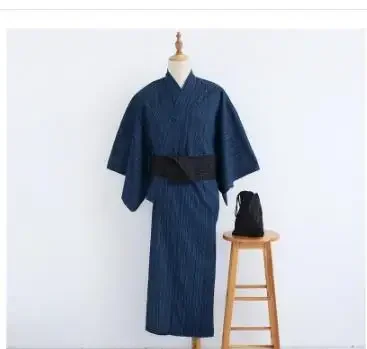 Japanese Kimono Men Traditional Cotton Robe Long Spring Daily Vintage Blue Stripe Include Belt Festival