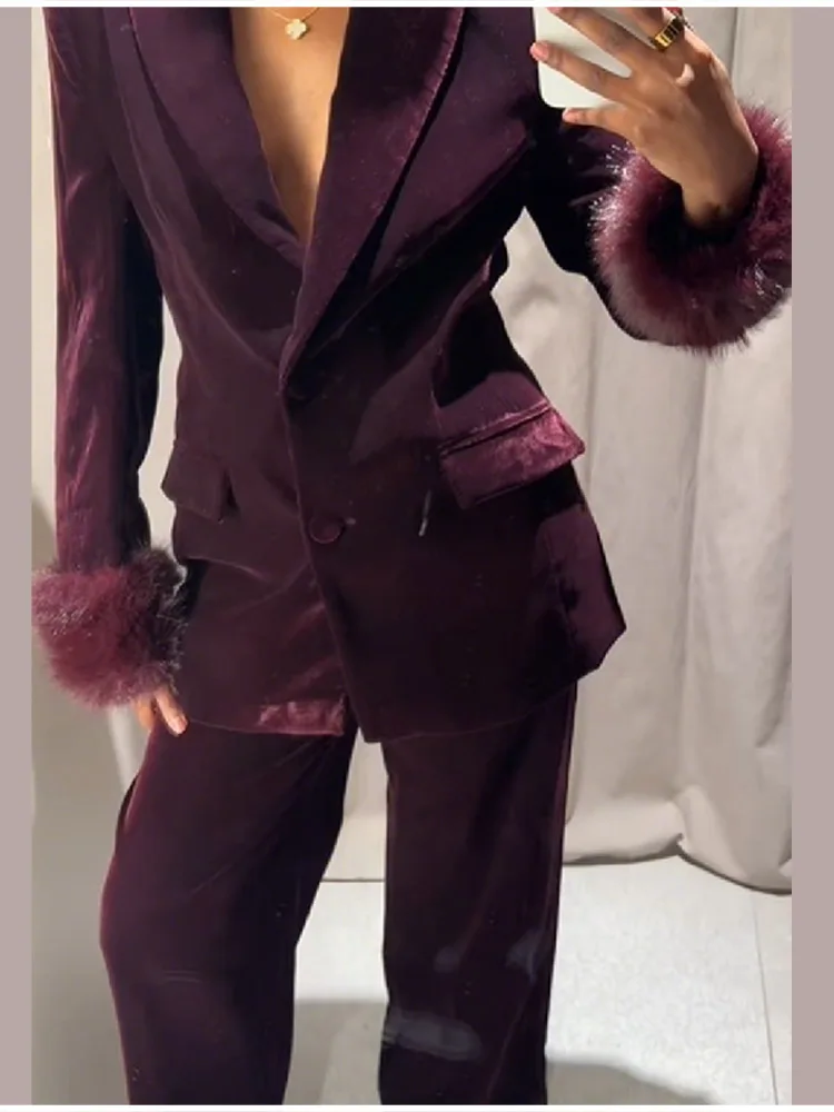 

Fall Winter Chic Furry Trim Wide Shoulder Jacket Female Exquisite Casual Loose Pants Deep V Collar Single Breasted 2 Piece Set