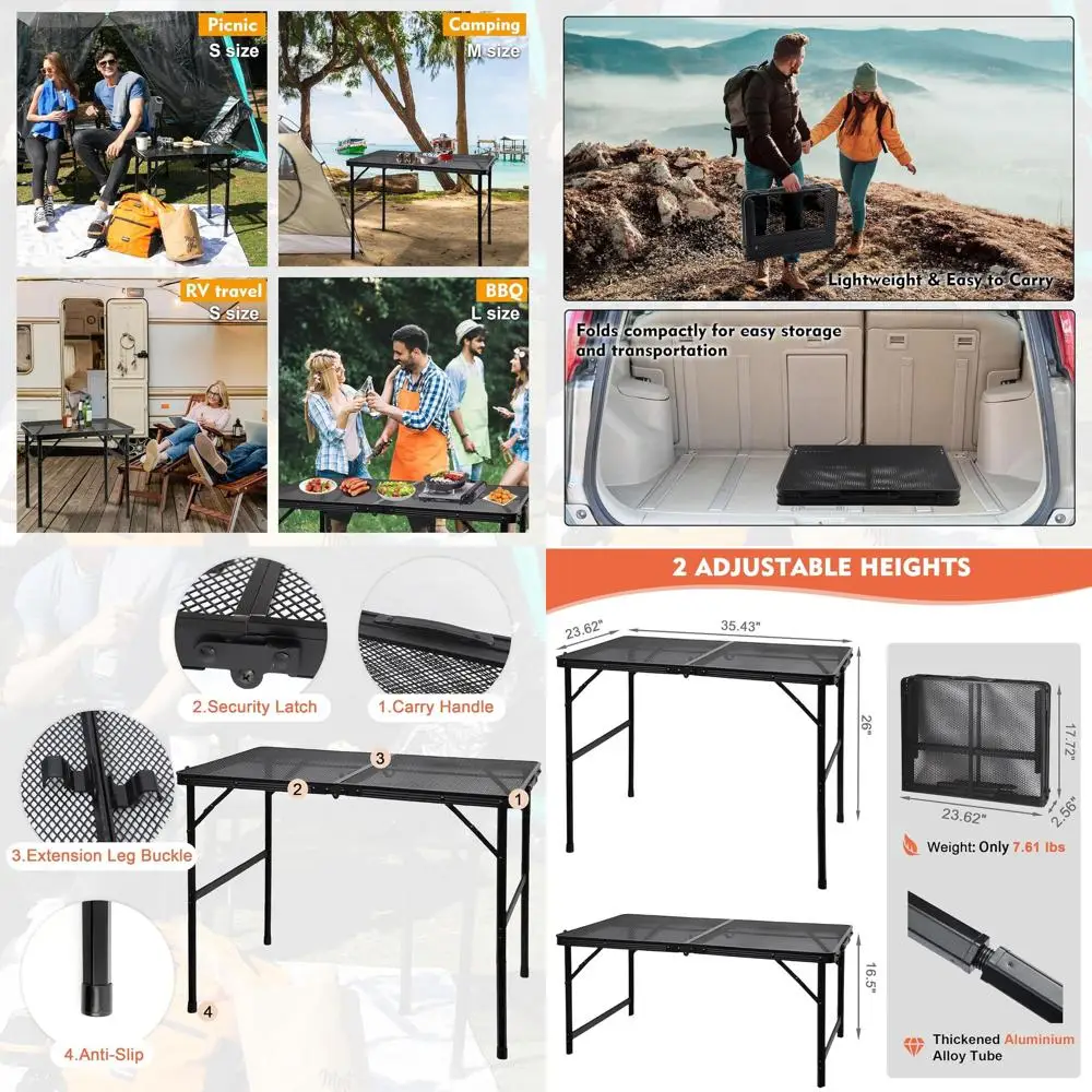 

Portable Mesh Top Camping Table, Adjustable Height, Ideal for Outdoor Cooking, BBQ, and Picnics - Black