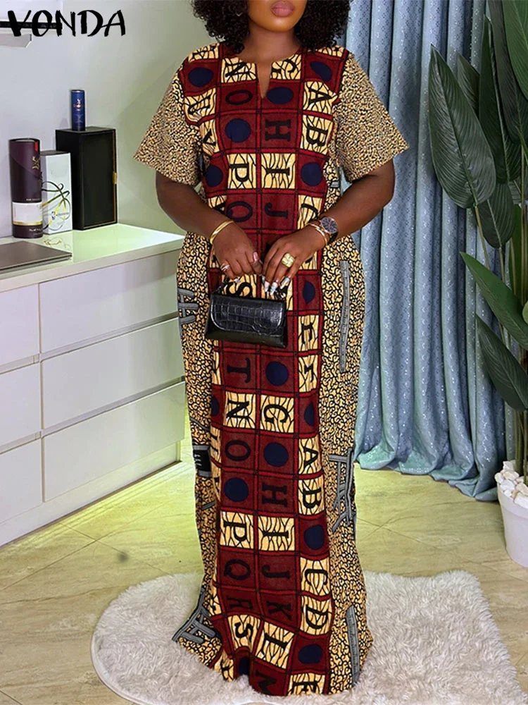 

VONDA Women Vintage Dress Print Summer Party Sundress Bohemian Short Sleeve V Neck Vestidos 2025 Casual Oversized Loose Robe