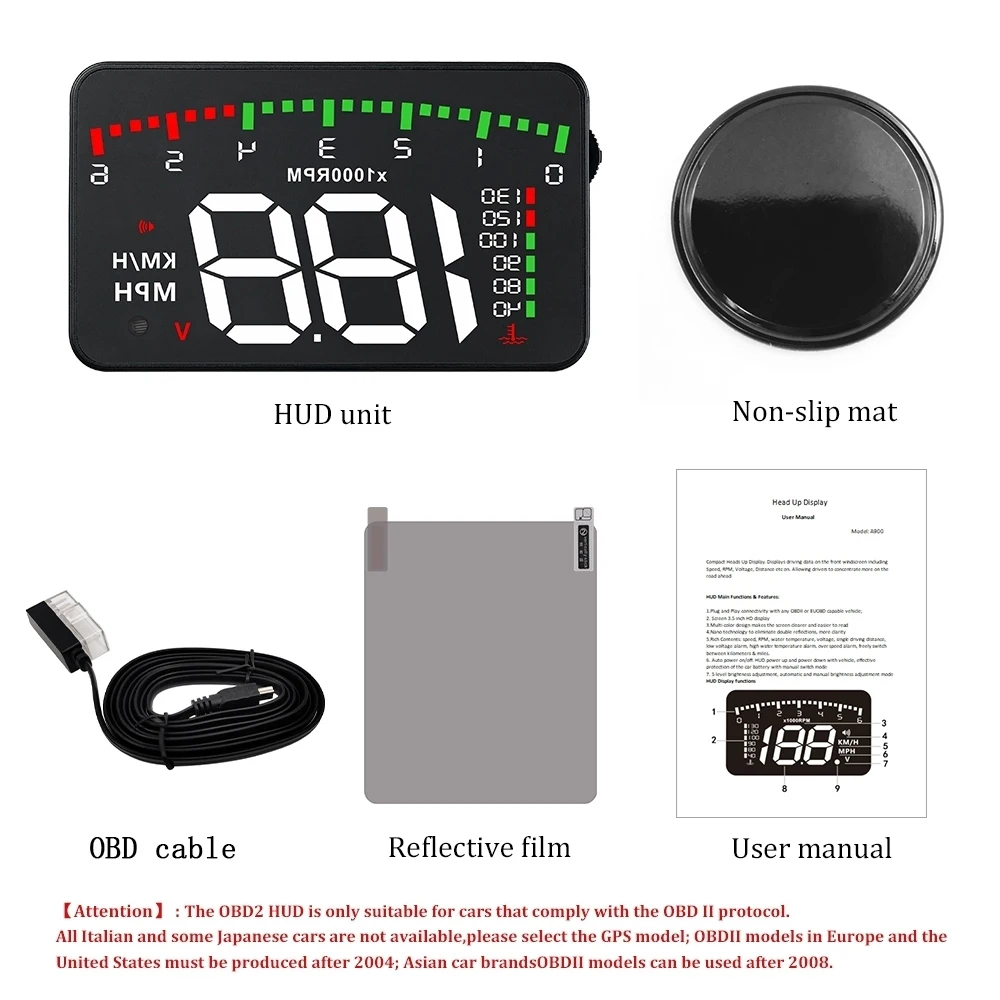 Universal OBD2 Compact Gauge A900 Smart Meter Displays Driving Data on the Front Windscreen HD Projector Speedometer