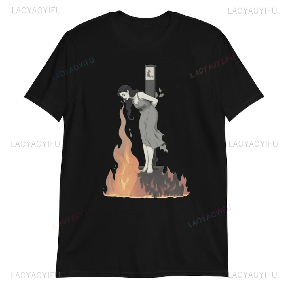 Cigarrillo con iluminación de bruja que quema el estaca, camisetas gráficas, Camiseta de algodón artística fresca de alta calidad para verano para mujer y hombre