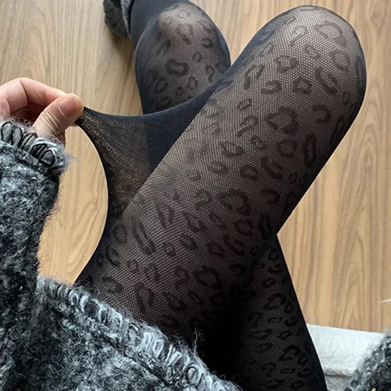 2027 Leopard Print Black Stockings Ins Trendy and Sexy Black Jacquard Pantyhose JK Thin Cut Flesh Through Pantyhose Stockings
