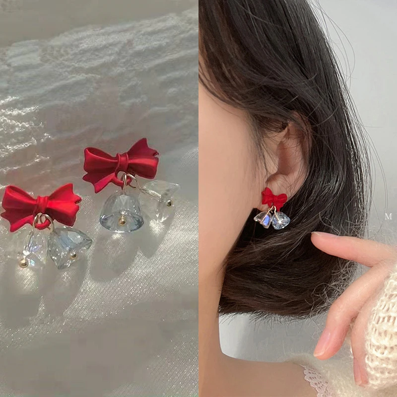 New Year's Bow Crystal Earrings Christmas Red Autumn Winter High-End Stud Earrings Christmas Jewelry Gift