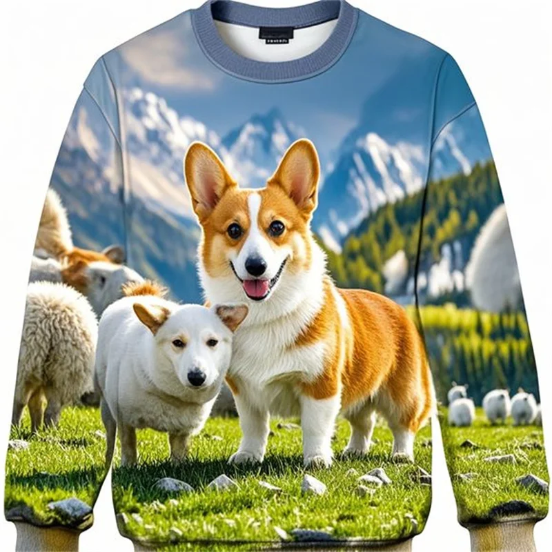 Corgi Sweatshirts For Men Clothes Sheepdog Animals 3d Printed Long Sleeved Pullover Hoodie Women Kid Cute Sportswear Tops