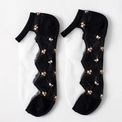 Calcetines tobilleros mujer encaje transpirable con cristales y flores