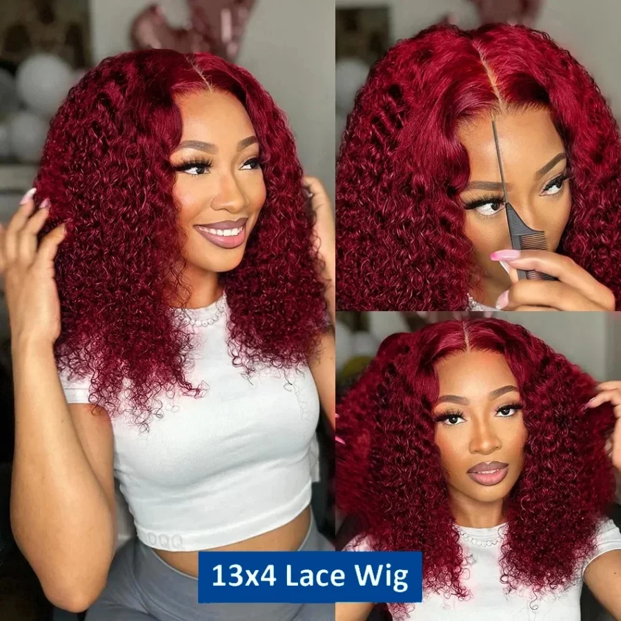 200% Burgundy 99J Short Curly Bob Wig 13x4 Transparent Lace Frontal Human Hair 8-18 Inches Wine Red Pre Plucked With Baby Hair image 2