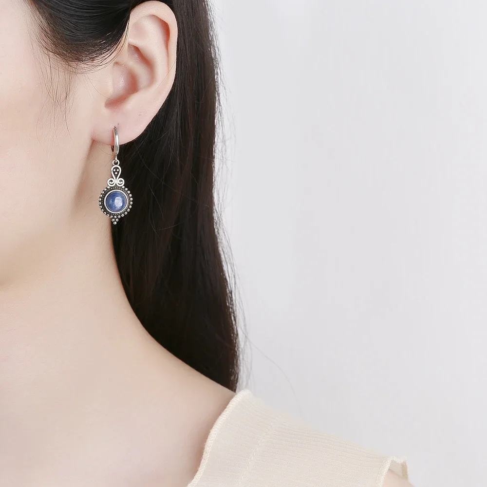 New Elegant Natural Kyanite Silver Drop Earrings for Women Vintage Jewelry Wedding Engagement Hoop Earrings Gifts