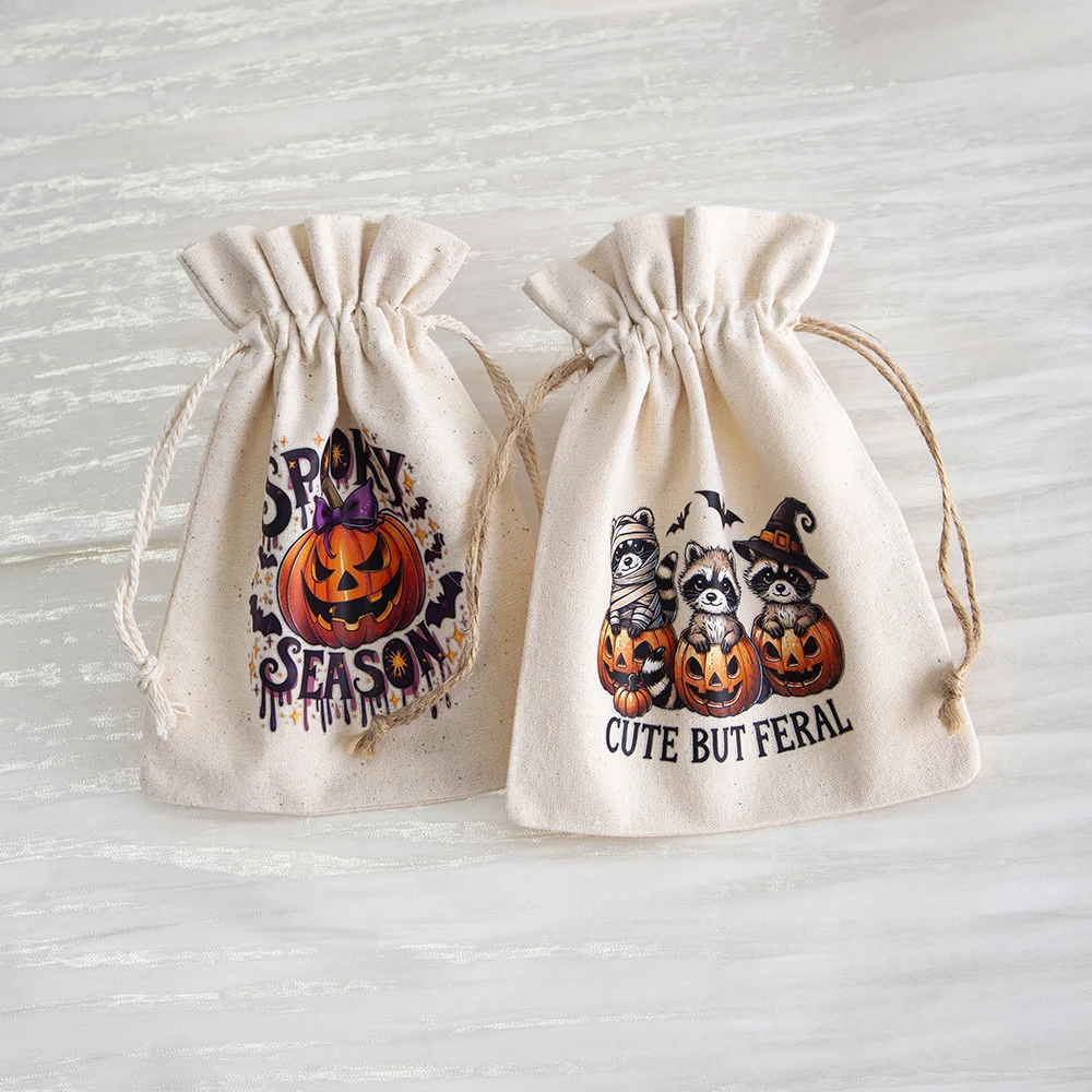 100pack Halloween Ghost  Drawstring Bag Goodies Packing Party Linen Bundle Canvas Pumpkin Pocket Jewelry Candy Storage Pouch