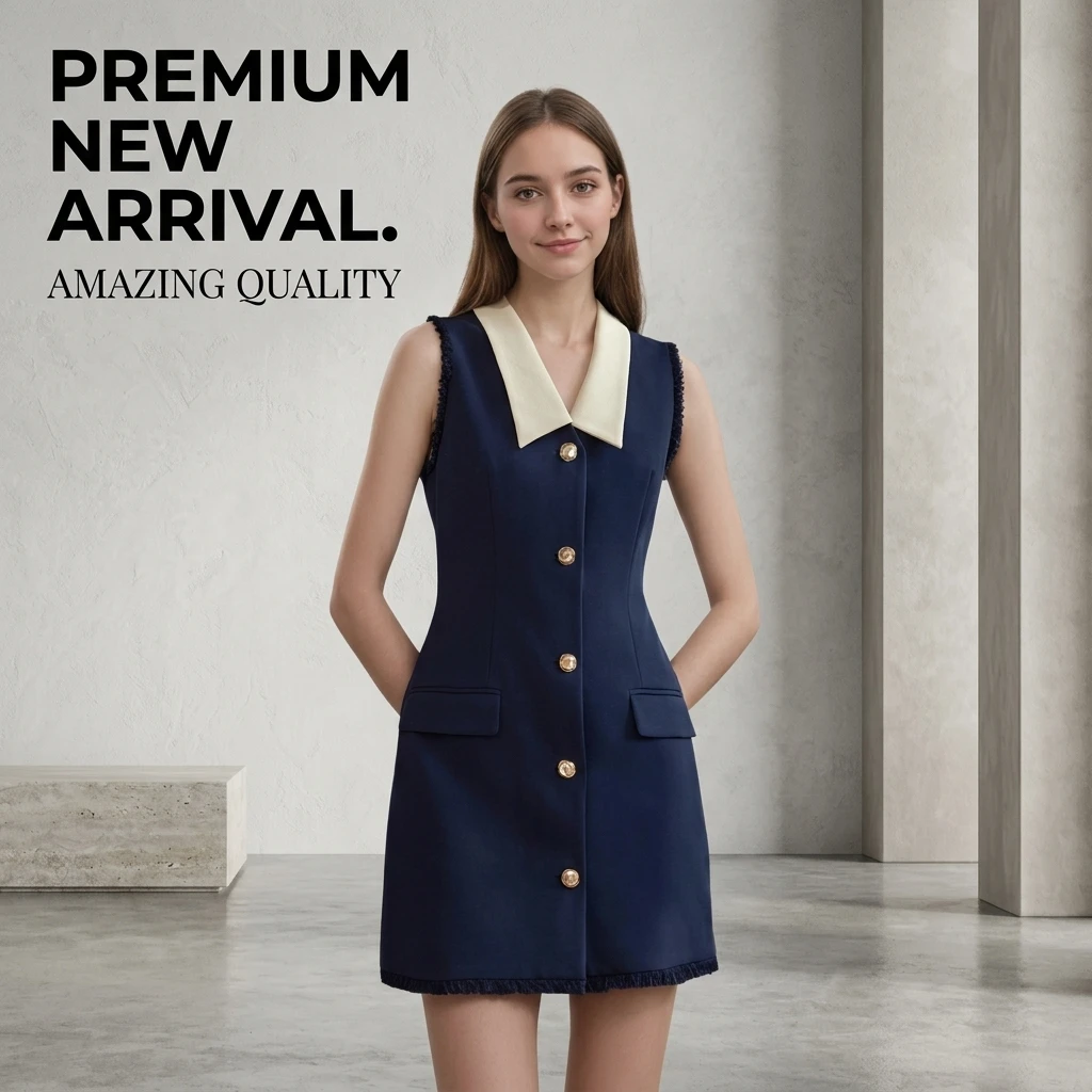 Sleeveless Mini Dress Women's Navy Blue White Contrast Collar Gold Button Elegant Office Patchwork Shirt Dress
