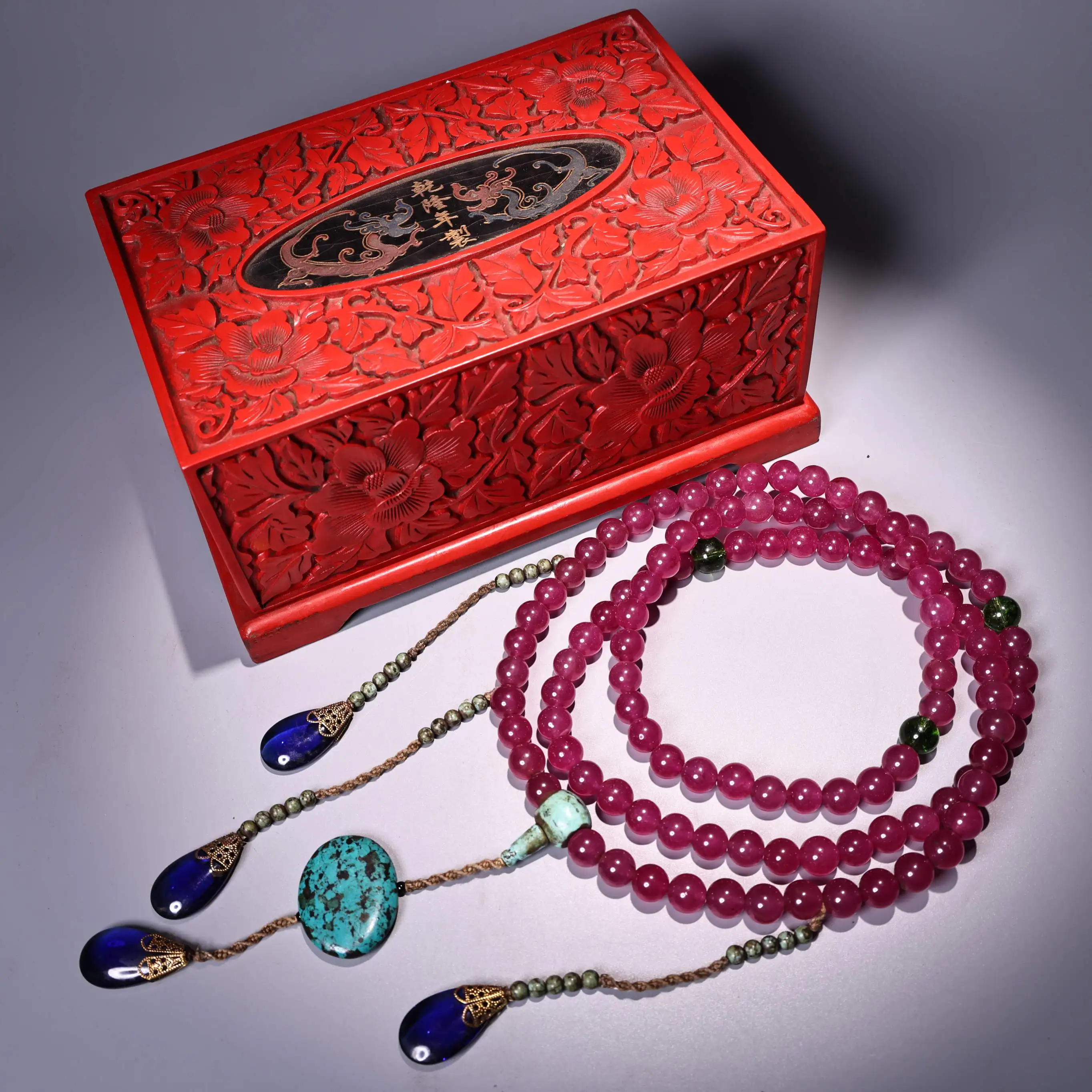 

28"Tibetan Temple Collection Old Jade Mosaic Gem jade Turquoise Buddhist Beads Necklace Court Beads Pendant Amulet Box