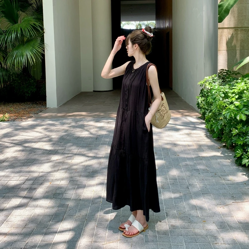 أنيقة الصيف جديد كوريا امرأة فستان كاجوال Vestidos رداء Elbise فضفاض حجم كبير سترة دون أكمام طويلة ألف خط تنورة فستان ماكسي