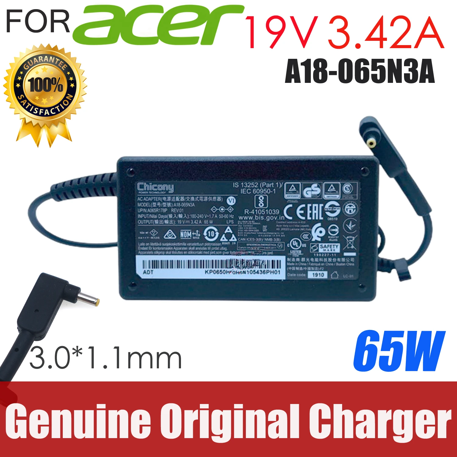 Original Chicony A18-065N3A 19V 3.42A 65W 3.0x1.0mm A065R178P AC Adapter Laptop Charger For Aspire A315-22G/A315-55G/A315-55KG