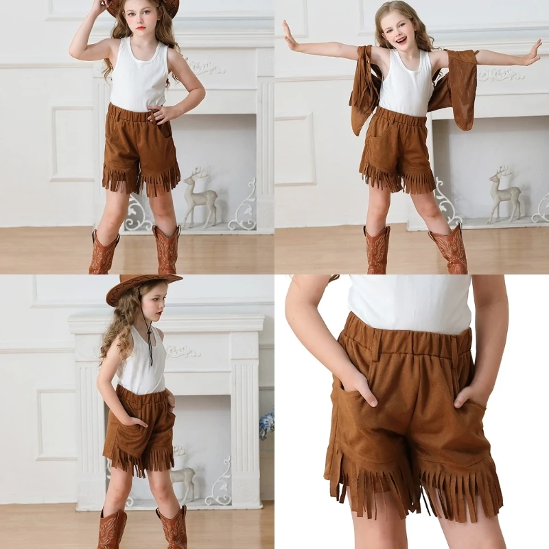 

Детские девочки Western Cowgirl Fringe Shorts Faux Sades Tassels Shorts с карманами Halloween Cowgirl наряды для косплея 6xda