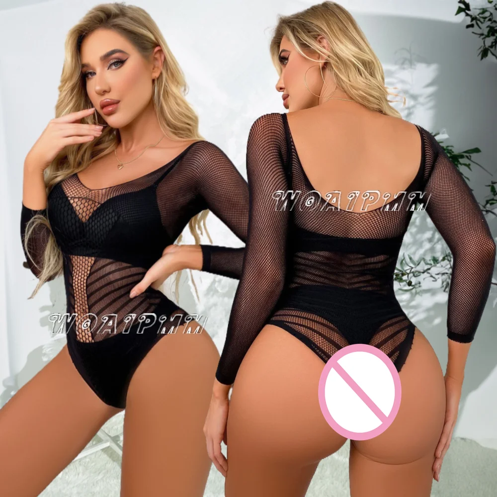 New Women Body Jumpsuit Sexy Mesh Transparent Bodysuit Costumes Female Erotic Fishnet Hollow See Through Tight Lingerie Outfits