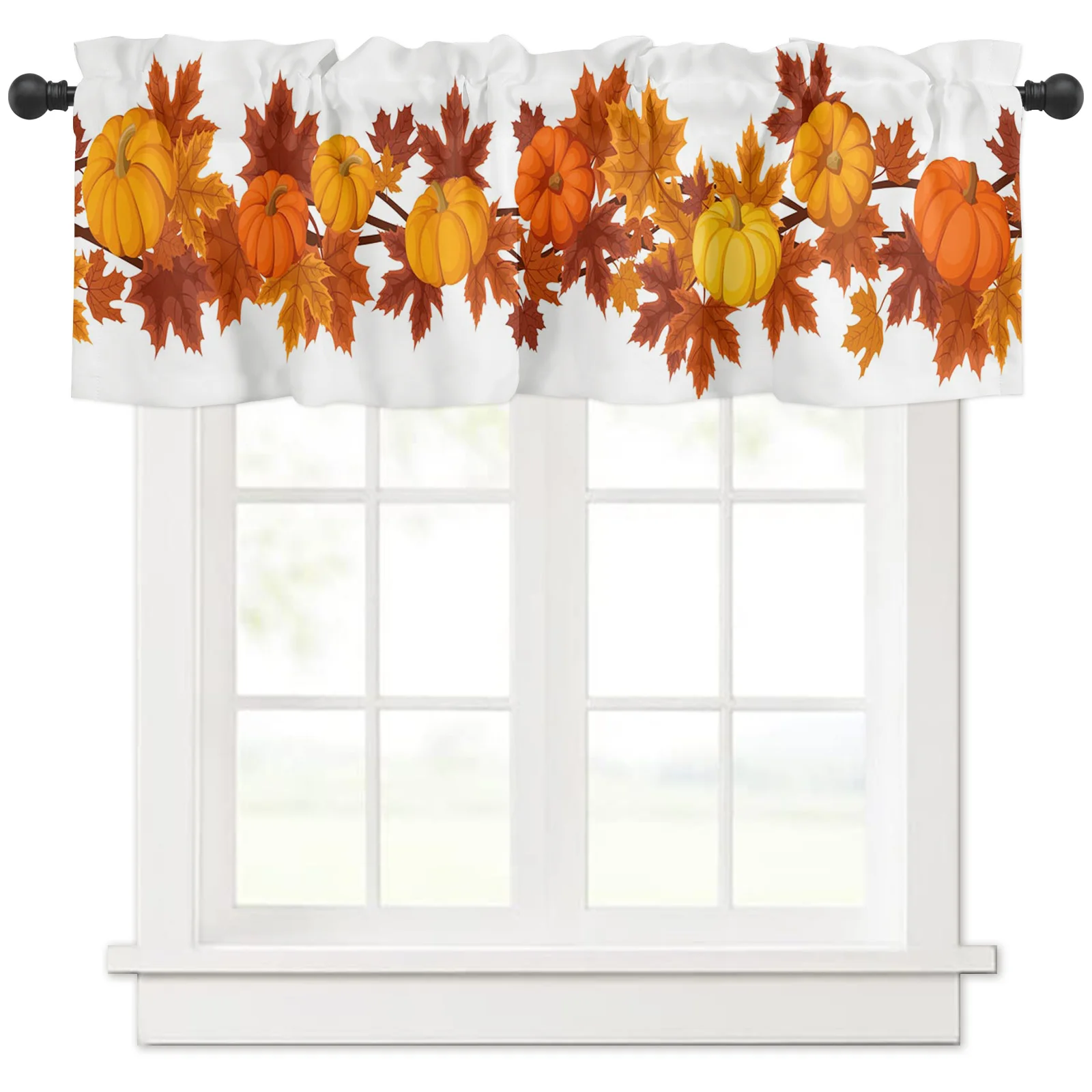 Fall Autumn Kitchen Orange Maple Leaves Window Curtain Thanksgiving Harvest Leaf Short Rod Pocket Treatment Living Room Decor