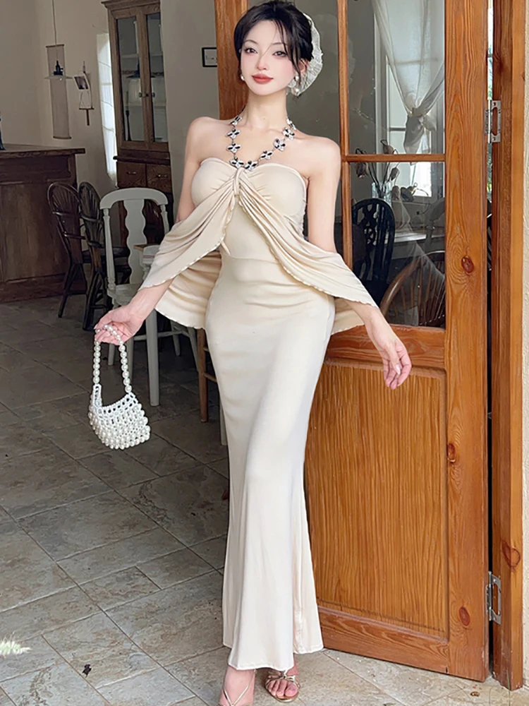 Frauen Solide Elegante Diamanten Neck-montiert Sexy Kleid Sommer Elegante Rüschen Plissee Kleid 2025, Vintage Luxus Party Nacht Kleid