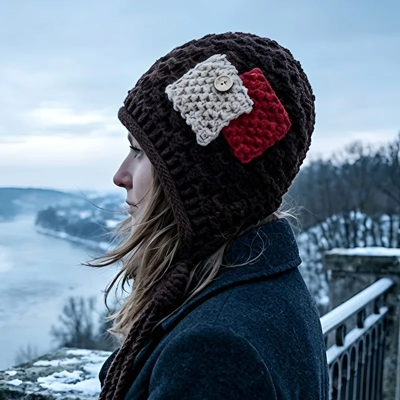 Women Winter Hat Warm Knit Beanie with Ear Flaps Hand Crocheted Tassel Retro Slouchy Cap for Outdoor Travel Photography for Gift