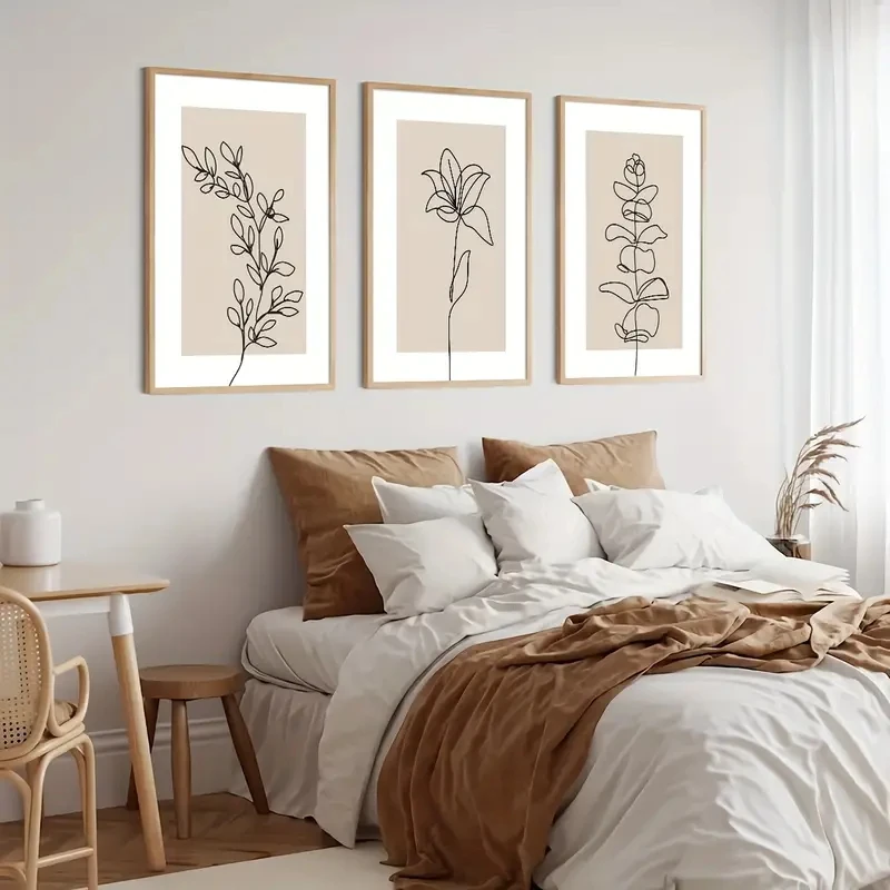 3pcs/Set Bohemian Artistic Paintings Line Drawings Plants Flowers Leaves Canvas Posters Abstract Wall Pictures Modern Home Decor