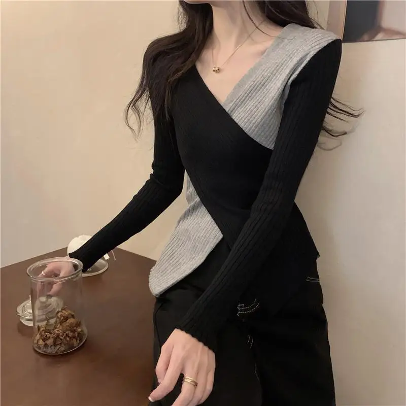 Panelled Pullovers Women Criss-cross Spliced V-neck Slim Leisure Simple Ladies Knitwear Autumn Fashion Design New Arrive Female