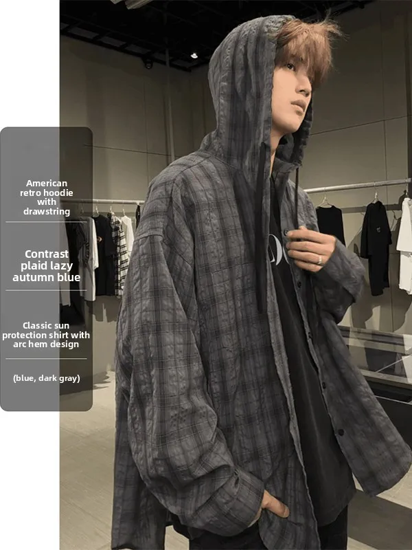 

Sun Protection Long Sleeve Hooded Shirt Men's Summer Thin Breathable Design Checkered Casual Shirt Outerwear for Travel