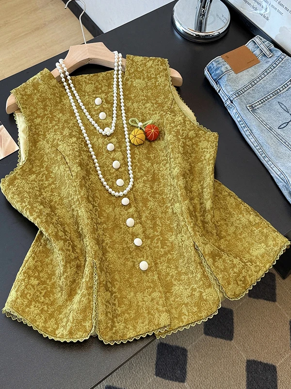 

Жилет с вышивкой Ele в стиле ретро, женский весенне-осенний новый китайский жилет в национальном стиле, украшение в виде тыквы, топ с подплечниками