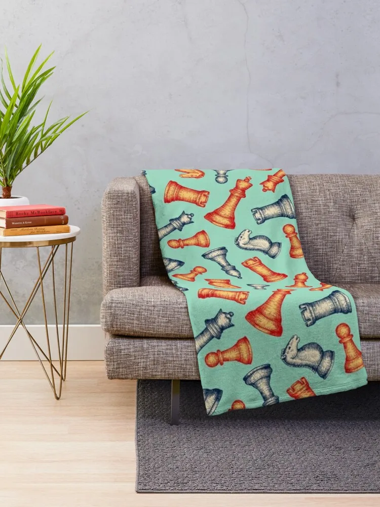 Scattered Chess Pieces (Retro Mint Palette) Throw Blanket Plaid on the sofa Tourist Blankets