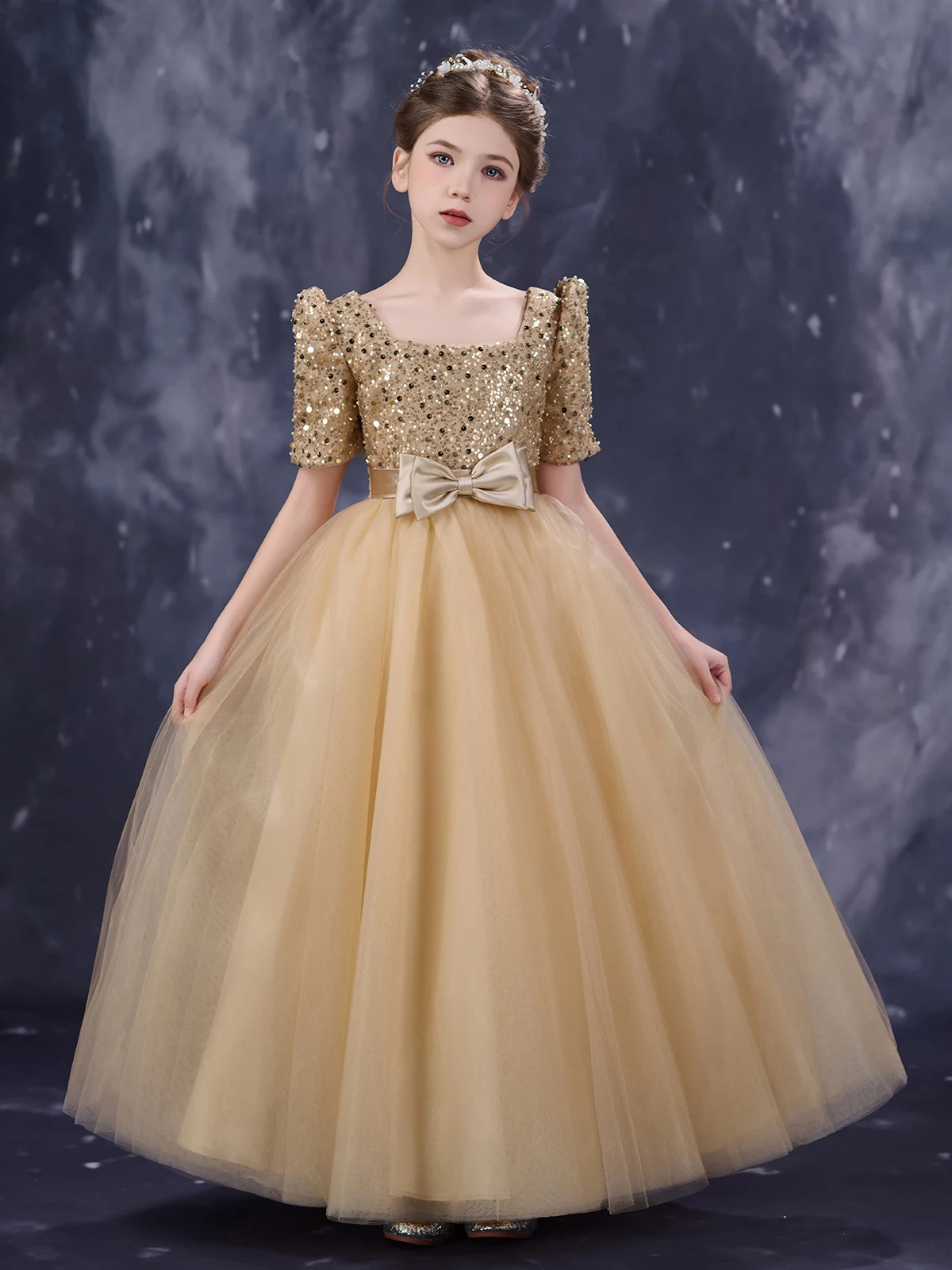 Champagne Color Piano Playing Dress for Girls High-End Puffy Yarn Princess Performance Flower Girl Birthday Dress