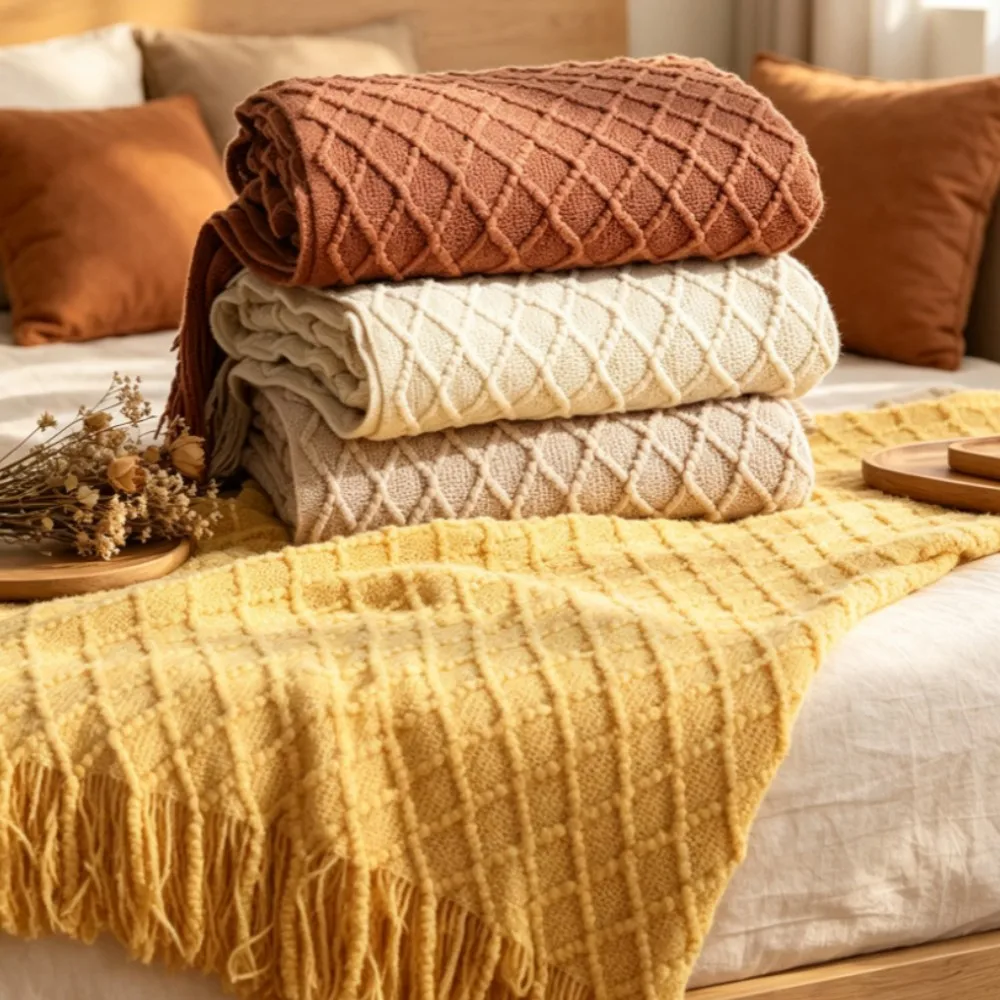 Yellow Autumn Blankets for Bed Sofa Couch Chunky Bedspread Knitted Throw Blanket with Tassel Plain Color Waffle Jacquard Blanket
