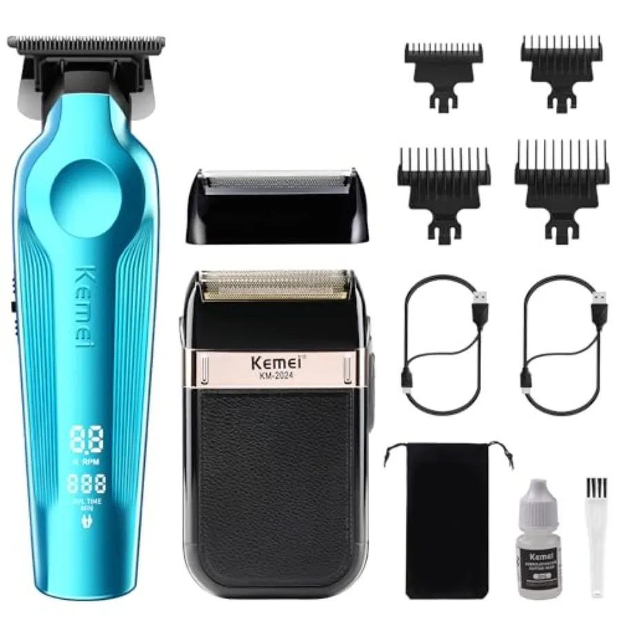 

Cordless Hair Trimmer and Foil Shaver for Men with T Blade Waterproof Rechargeable Barber Clippers with LED Display Blue KM-264