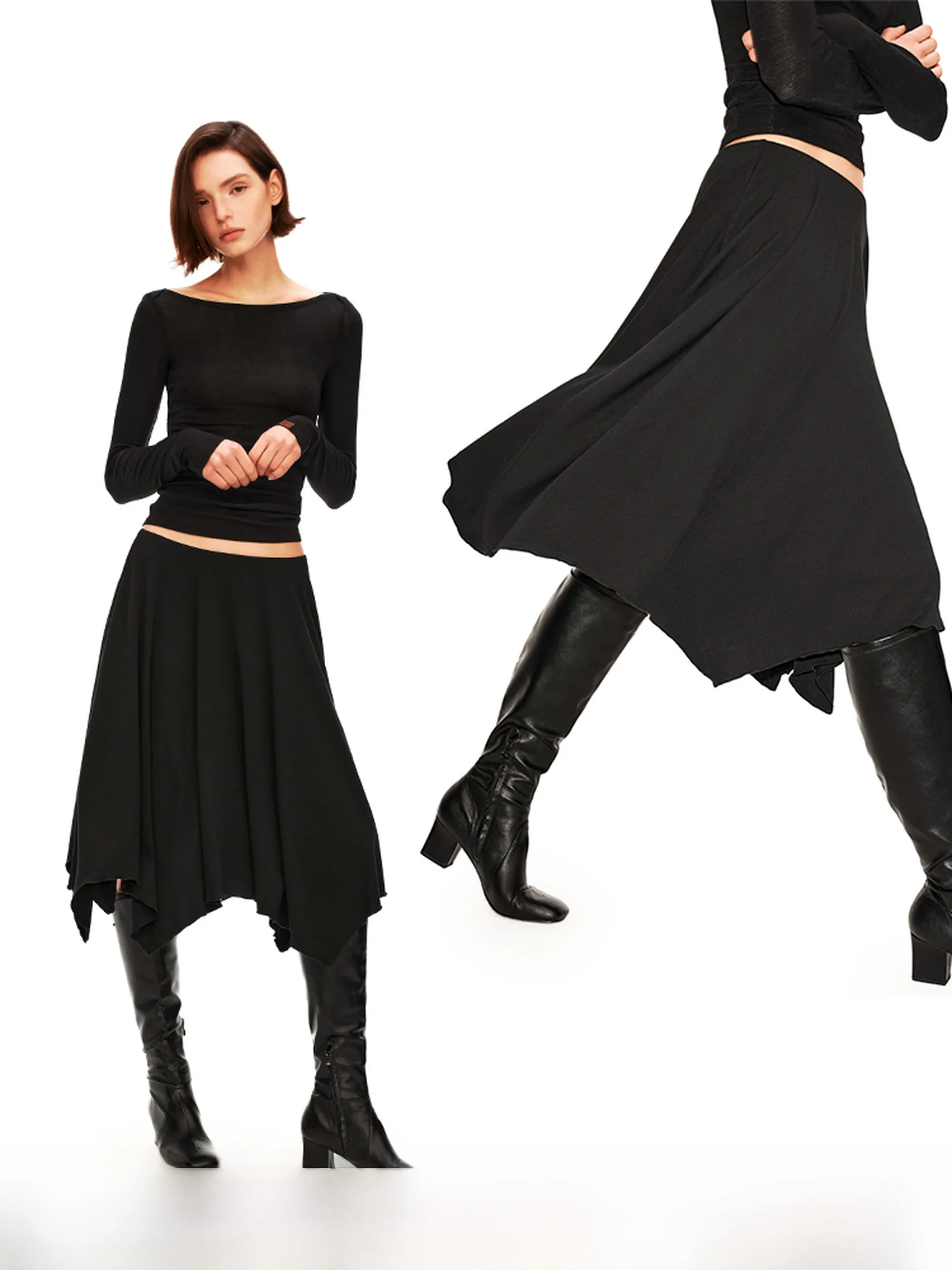 

Original PUKI Elastic Knitted Half Skirt Versatile Casual Asymmetric Hemline Low Waist Commute Style Ladies' Skirt