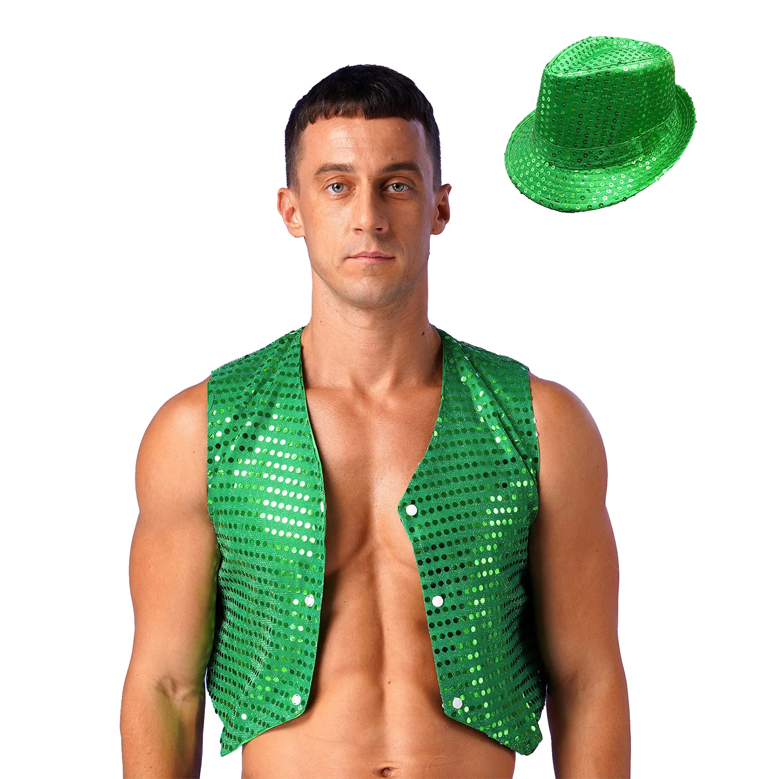 

Mens Jazz Dance Stage Performance Costume Glittery Sequined Vest V Neck Sleeveless Waistcoat with Sparkling Sequin Hat