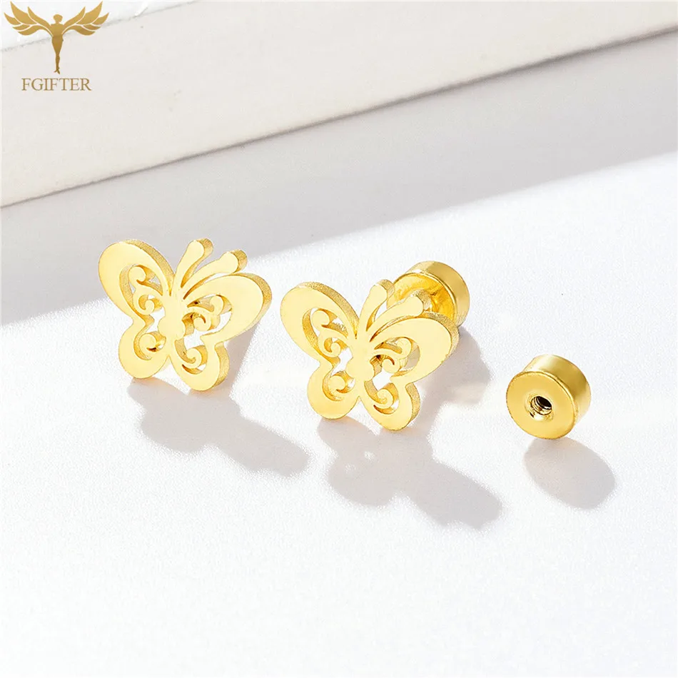 Beautiful Hollow Butterfly Earrings With Box Screw Back Earring Gold Color Stainless Steel Jewelry Women Girls Christmas Gift