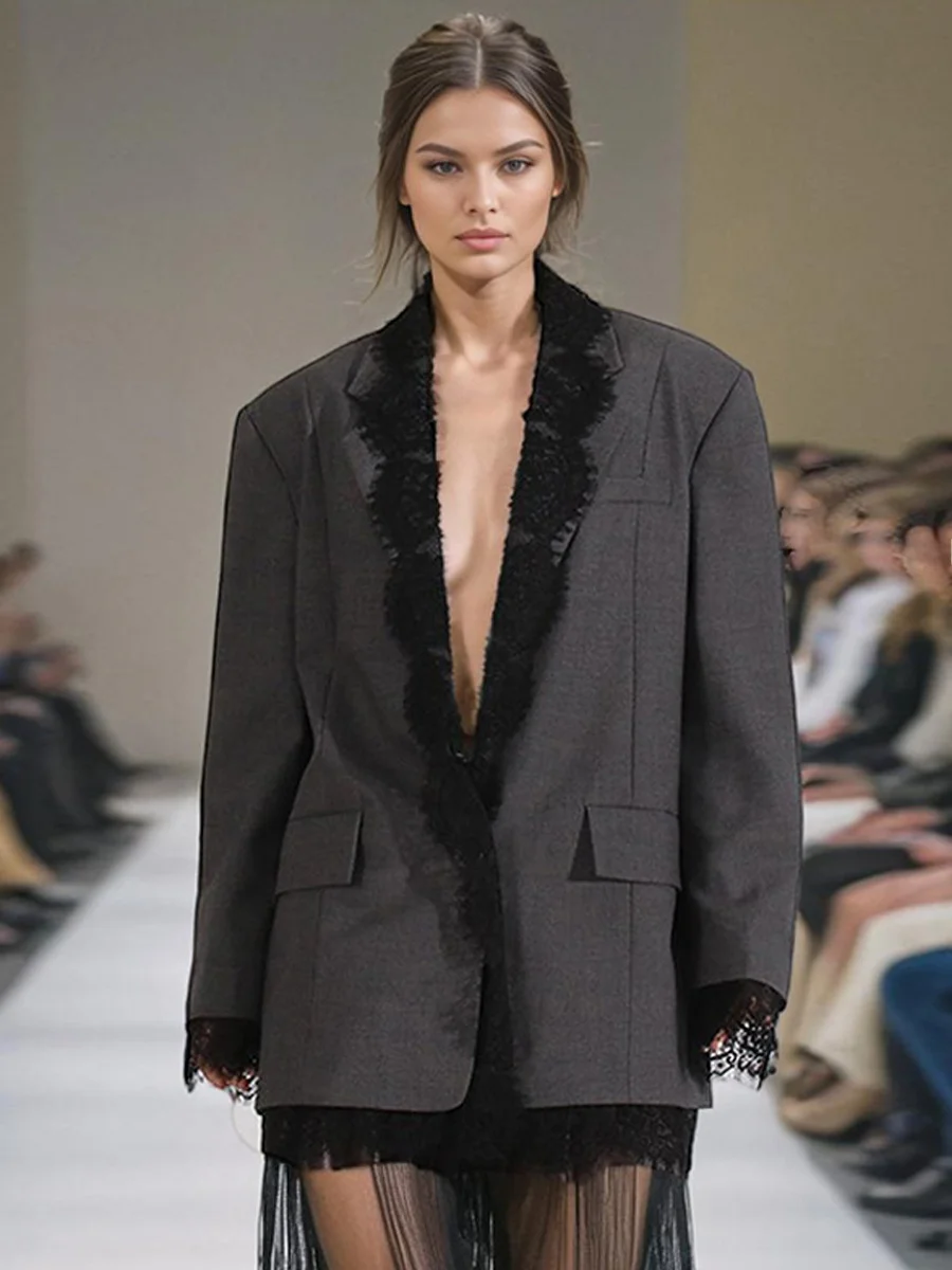 

Женский офисный костюм Ele с кружевными вставками, длинными рукавами, свободного кроя, из полиэстера, повседневный, с дизайнерским акцентом